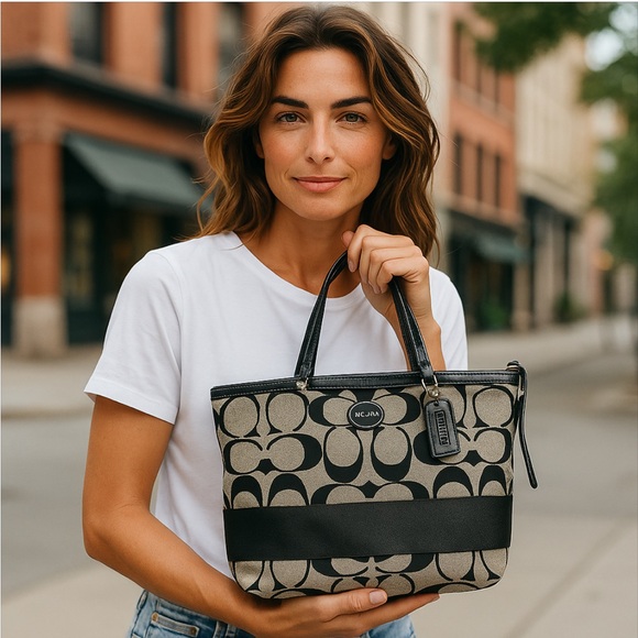 COACH Vintage Luxury Signature Canvas Stripe Canvas Tote in Black/Gray - Picture 5 of 16